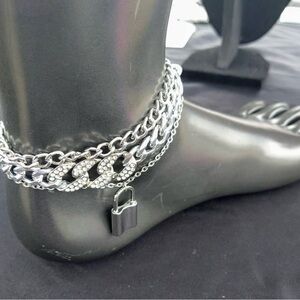 Silver Layered Chain Anklet with Rhinestone Links and Padlock Charm